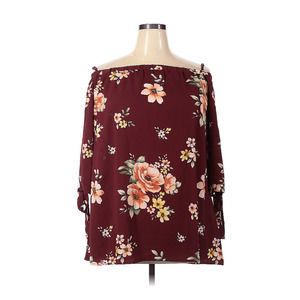 Bi Fang Floral Off Shoulder Dark Red 3/4 Sleeve Top 5XL
